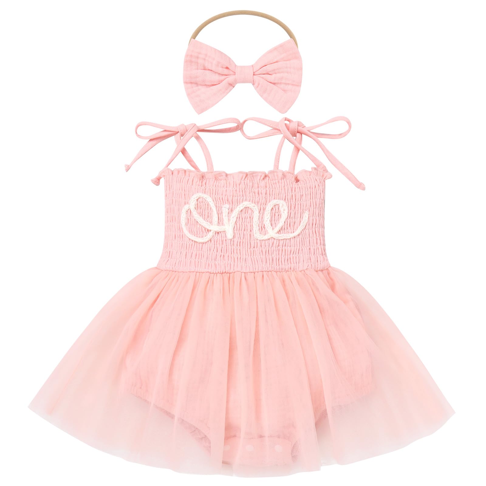 Photo 1 of Onederland 1st Birthday Baby Girl: Infant Spaghetti Straps First Birthday Outfit Princess Tutu Dress Jumpsuit Baby Shower Summer Holiday Photo Shoot Clothes with Headband Light Pink 12-18 Months