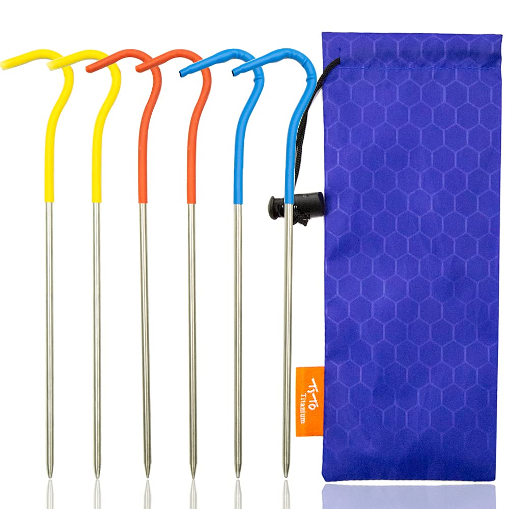 TiTo Titanium Shepherd's Hook Tent Stakes Tent pegs Nail pegs with Flourescent Head Dia 3.0mm and Length 165mm only 6.7G(Pack of 6)