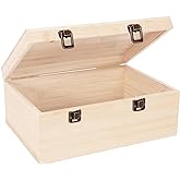 Voittozege Extral Large Unfinished Wooden Box, 12x9x5 Inch large Wooden Box with Hinged Lid and Front Clasps, Natural Wood Bo