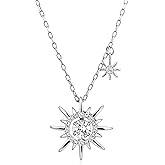 Watforsh Silver Sun Chain Sunburst Pendant Celestial Cubic Zirconia Adjustable Thin Necklace Chain for Women