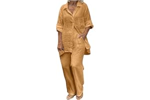 Lmdudan Women's Cotton Linen Two Piece Work Suits Summer Ladies Oversized Tops and Pants Sets Dressy Casual Solid Outfits