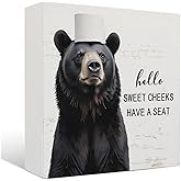 Nrleey Funny Bear Bathroom Decor - Hello Sweet Cheeks Bear Bathroom Decor, Rustic Farmhouse Wooden Sign, 5 X 5 Inches