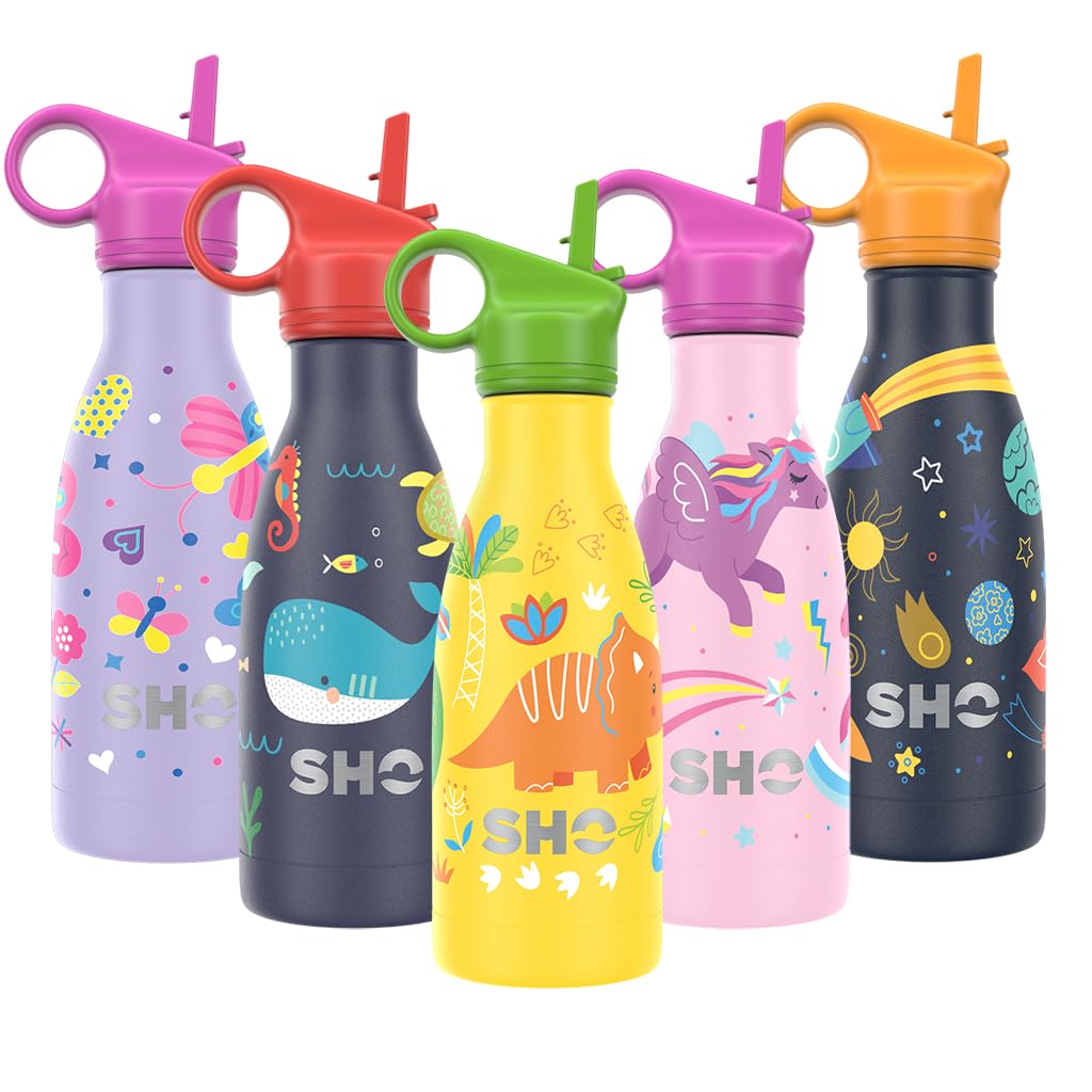 SHO Kids Bottle - Original 2.0 - Ultimate Insulated, Double Walled Stainless Steel Vacuum Flask & Water Bottle - 12 Hours Hot & 24 Hours Cold - 260ml - BPA Free (260ml, Dinosaur with Straw Lid) — image 1