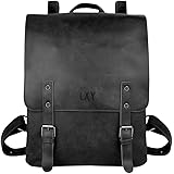 LXY Vegan Leather Backpack Vintage Laptop Bookbag for Women Men, Black Faux Leather Backpack Purse Bookbag Weekend Travel Day