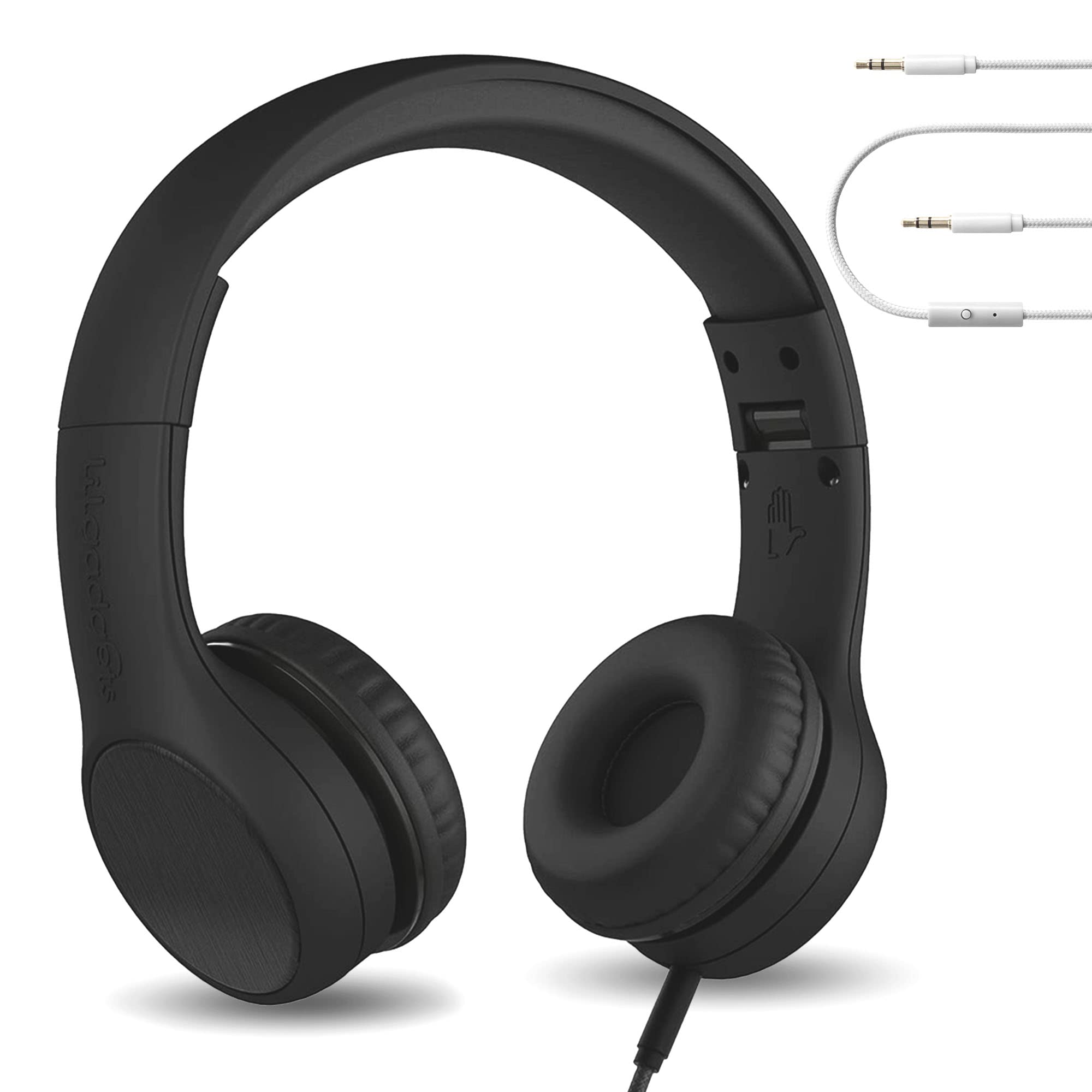 LilGadgets Connect+ Style Wired Black Headphones for Kids with SharePort® Technology, Child-Friendly Foldable On-Ear Headset with Built-in Microphone, Designed to be Comfy Black Car Headphones, Black