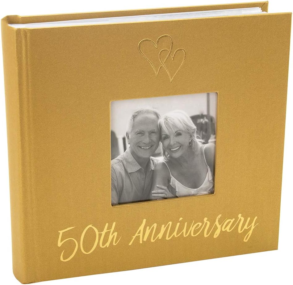 Happy Homewares Lovely Golden 50th Wedding Anniversary Photo Album with Double Heart Decoration - Inner Lining Pages to Personalize
