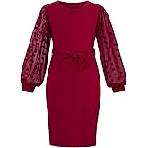 ALLIFly Girls Dress Kids Mesh Long Sleeve Dresses Self Belted Elegant Bodycon 7-14 Years