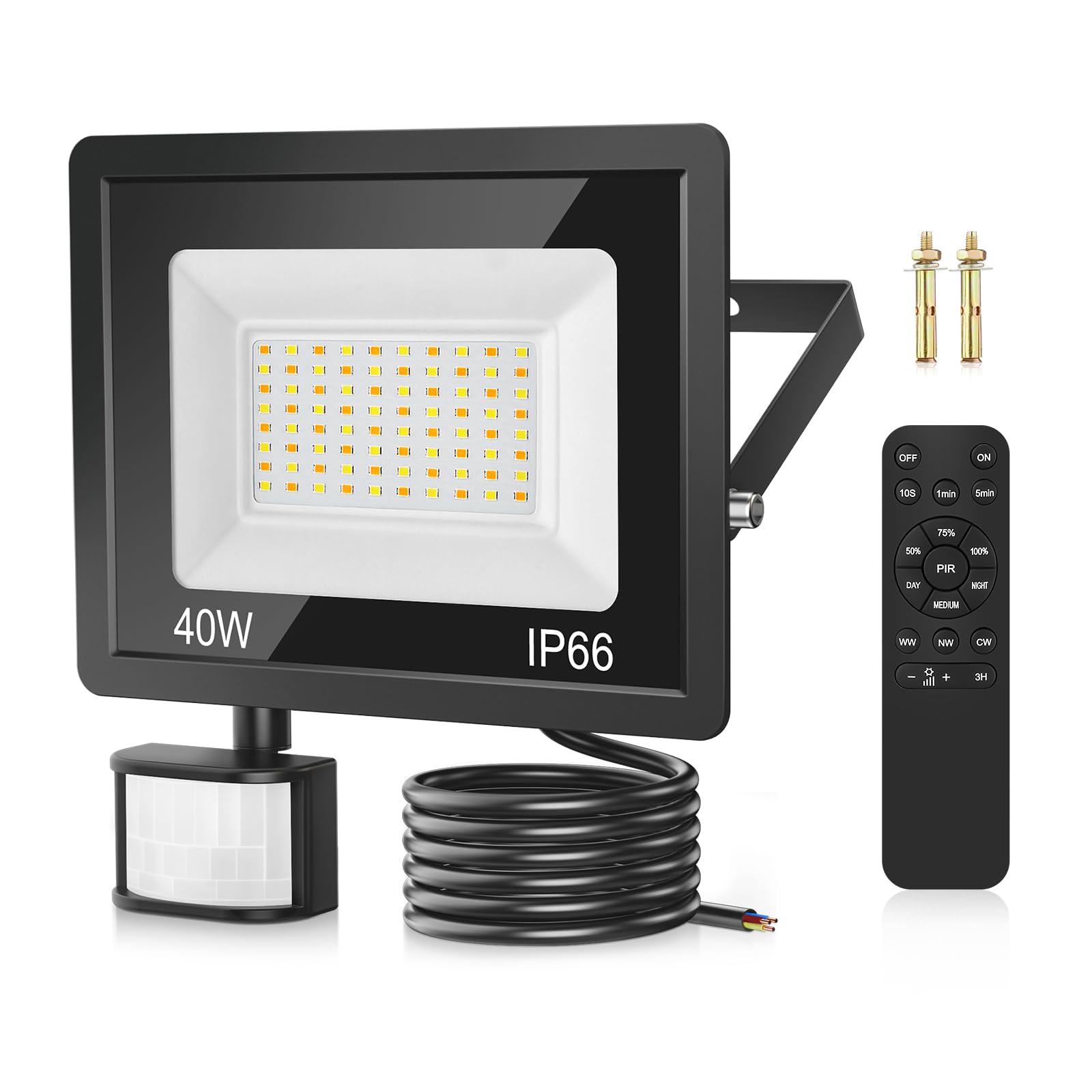 Security Lights Outdoor Motion Sensor 40W, 3 Colours 3600LM PIR Motion Sensor Lights Outdoor with Remote Control, IP66 Waterproof Outside Lights Dimmable Security Light Floodlight for Backyard, Garden