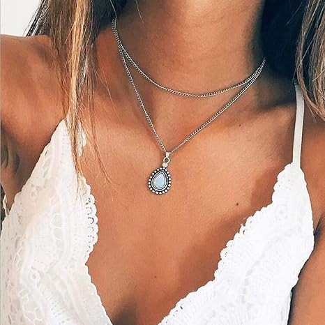 Yean Layered Halskette Wassertropfen Opal Anhänger Halsketten Choker Modeschmuck Kette für Frauen und Mädchen