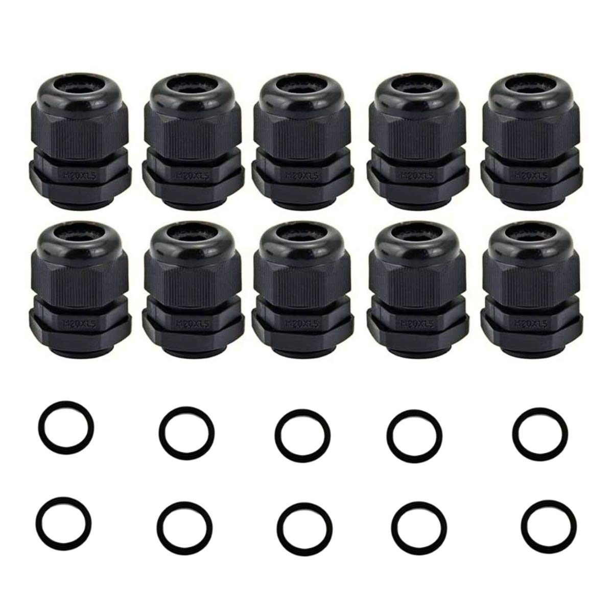 JZK 10 Pieces PA Nylon Plastic IP68 Waterproof M20 x 1.5 Black Cable Glands with Rubber Washer, M20 Wire Gland for 6mm - 11mm Cable