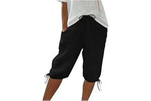 Cotton Linen Shorts for Women Knee Length Bermuda Shorts Drawstring Waist Summer Casual Gym Shorts with Pockets