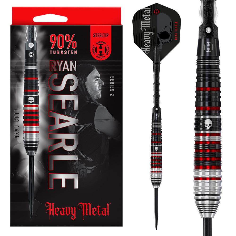 Harrows Ryan Searle Heavy Metal Series 2 Player Darts Set (32g) | 90% Steel Tip Darts Set | 10pc Set with Carbon ST Midi Shafts | Professional Darts