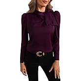 winkbay Women's Bow Tie Blouse Puff Long Sleeve Work Shirts Elegant Tops