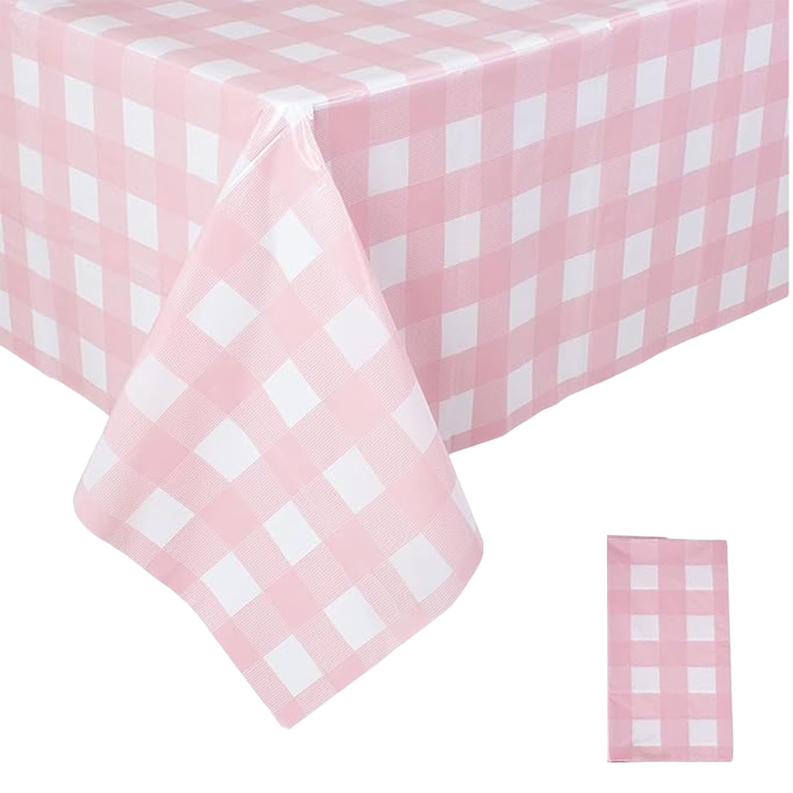 1pcs 137 x 274cm Pink Checkered PVC Table Cloth Party Wipeable Tablecloths Rectangular, Plaid Tablecloth Plastic Wipe Clean Tablecloth Stain Resistant Waterproof,Oil-proof Table Cover for Dinner Party
