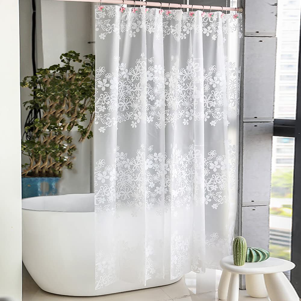 Vllcsla Shower Curtains Flower Patterned Anti-Mould, 300x200 cm, 300 cm Wide Bathroom Curtains with U-Shape Hooks, 200 cm Length Waterproof White Flower Wet Room Bathtub Curtain