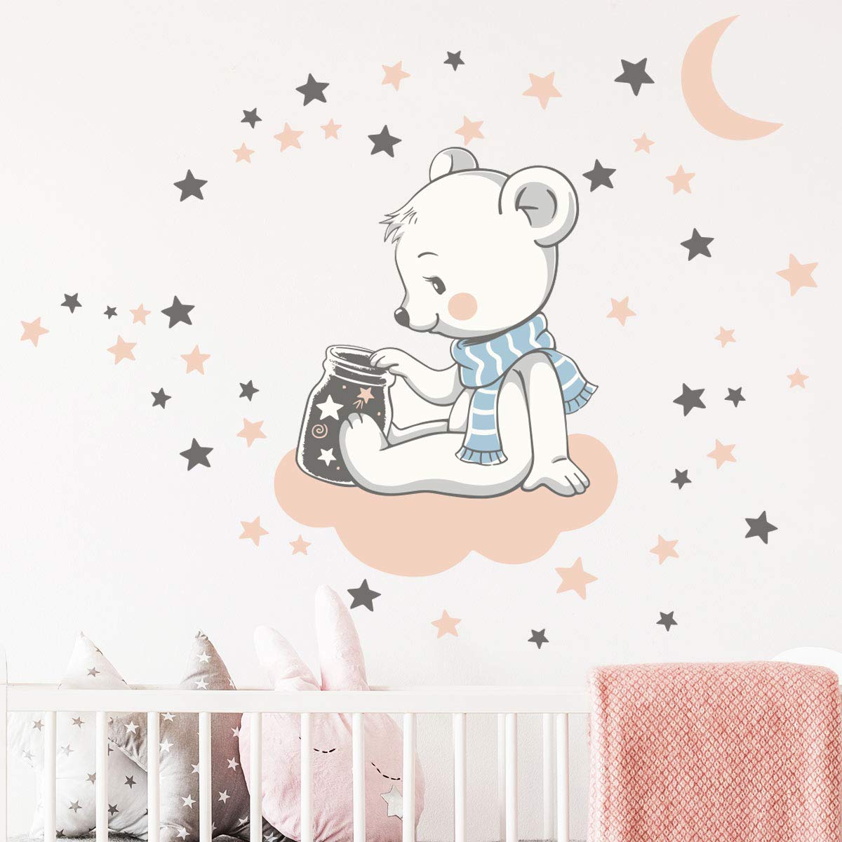 Children's Wall Stickers - Baby Room Decoration - Children's Wall Stickers - Bear on Cloud + 110 Stars - Boy's Wall Sticker - H40 x L30 cm