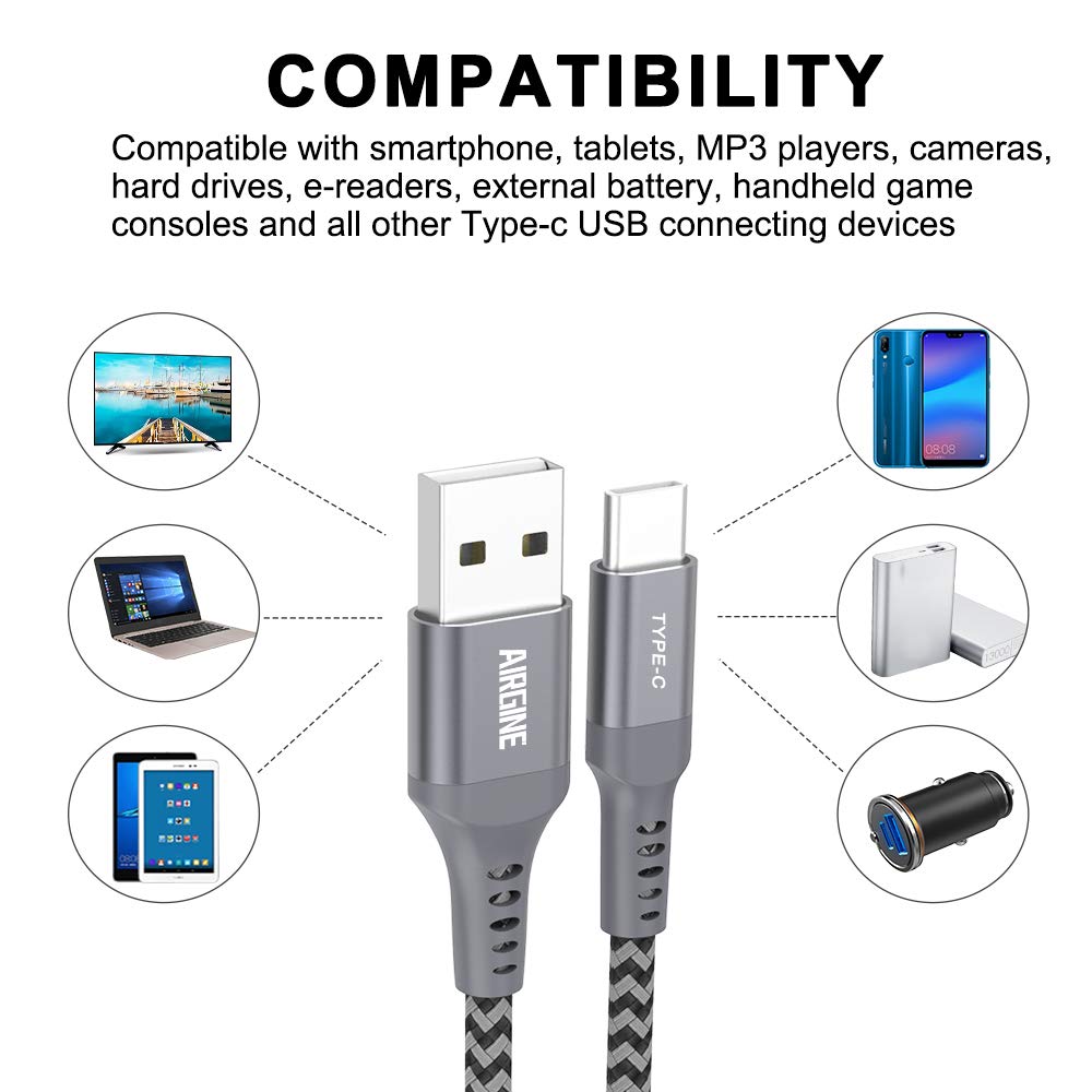 USB Type C Cable, AIRGINE Nylon Braided Fast Charging Cord (2Pack, 6.6ft, Grey) Compatible for Samsung Galaxy S9 Plus S8 Plus Note 9 and Other Type C Cable Design Devices