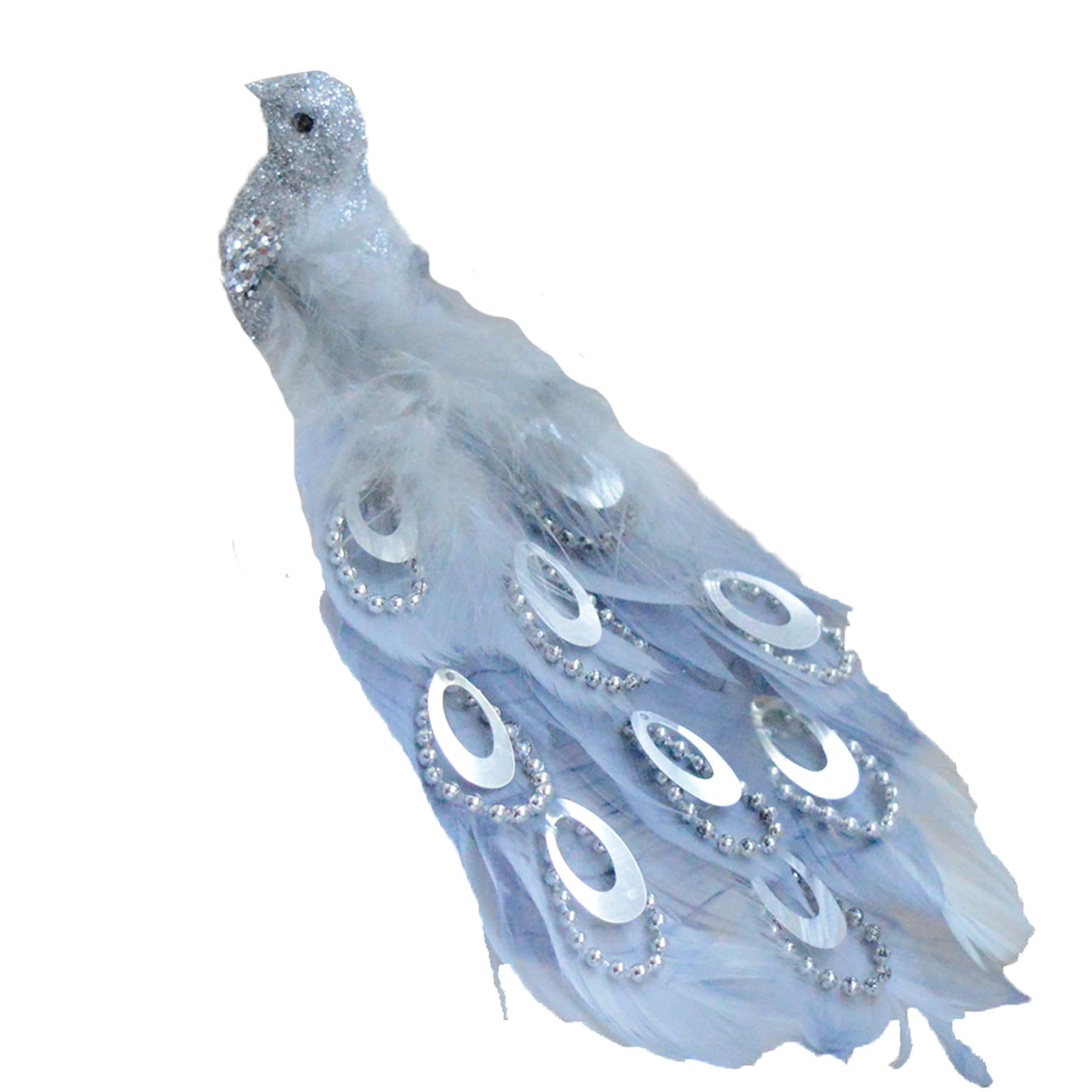 21cm Long Beaded Tail Peacock Clip on Bird Christmas Tree Decoration - Silver