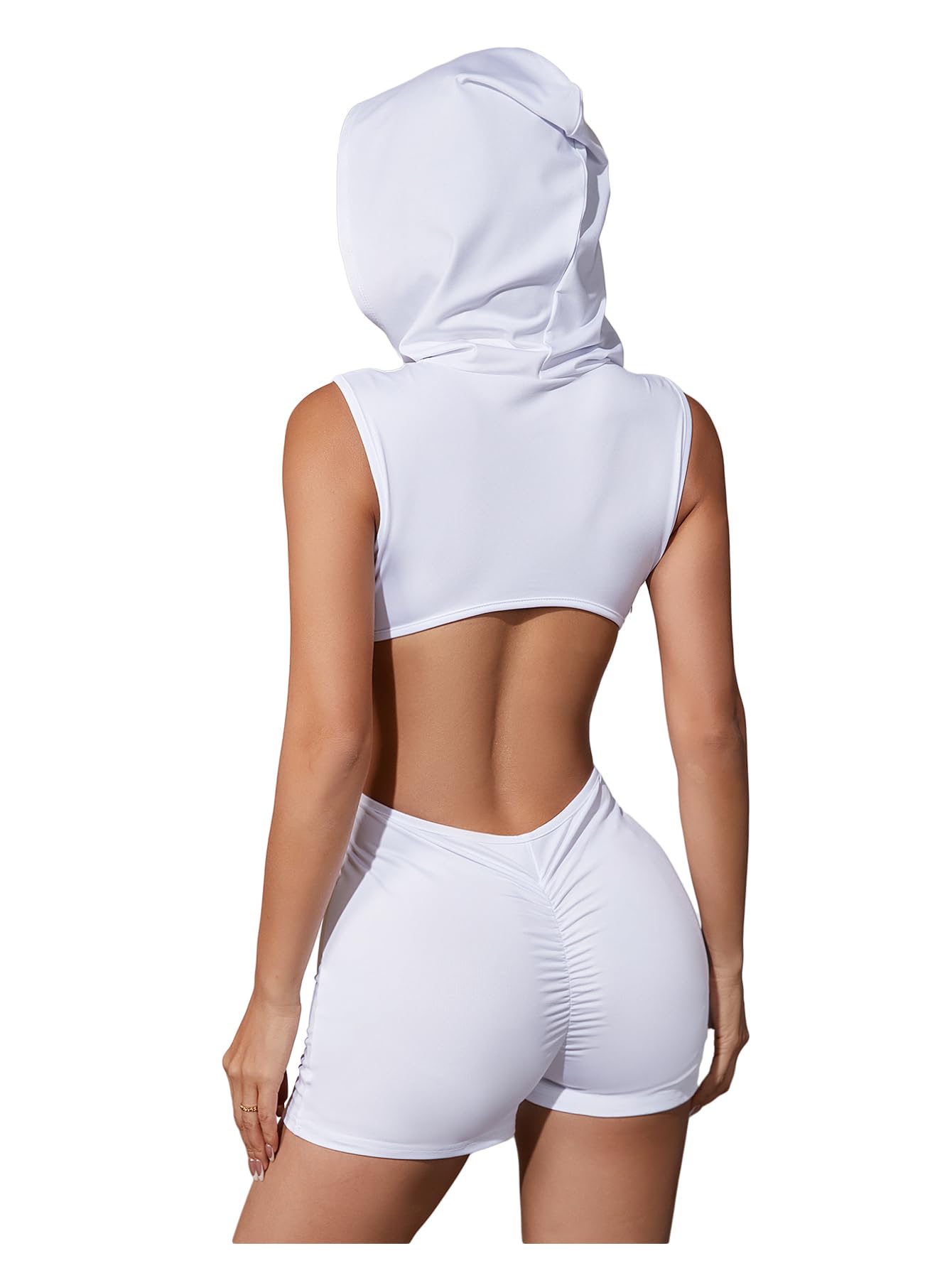 Photo 1 of GORGLITTER Women's Backless Rompers One Piece Workout Jumpsuit Open Back Ruched Gym Shorts Bodysuit Unitard Dressy 2025 White Large