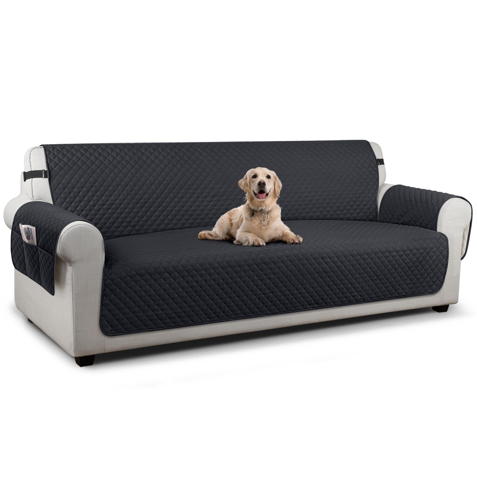 TAOCOCO Sofa Protector 4 Seat Sofa Cover,Sofa Slipcovers with Storage Pockets,Anti Slip Couch Chair Covers,Washable Settee Cover for Pets(Black)