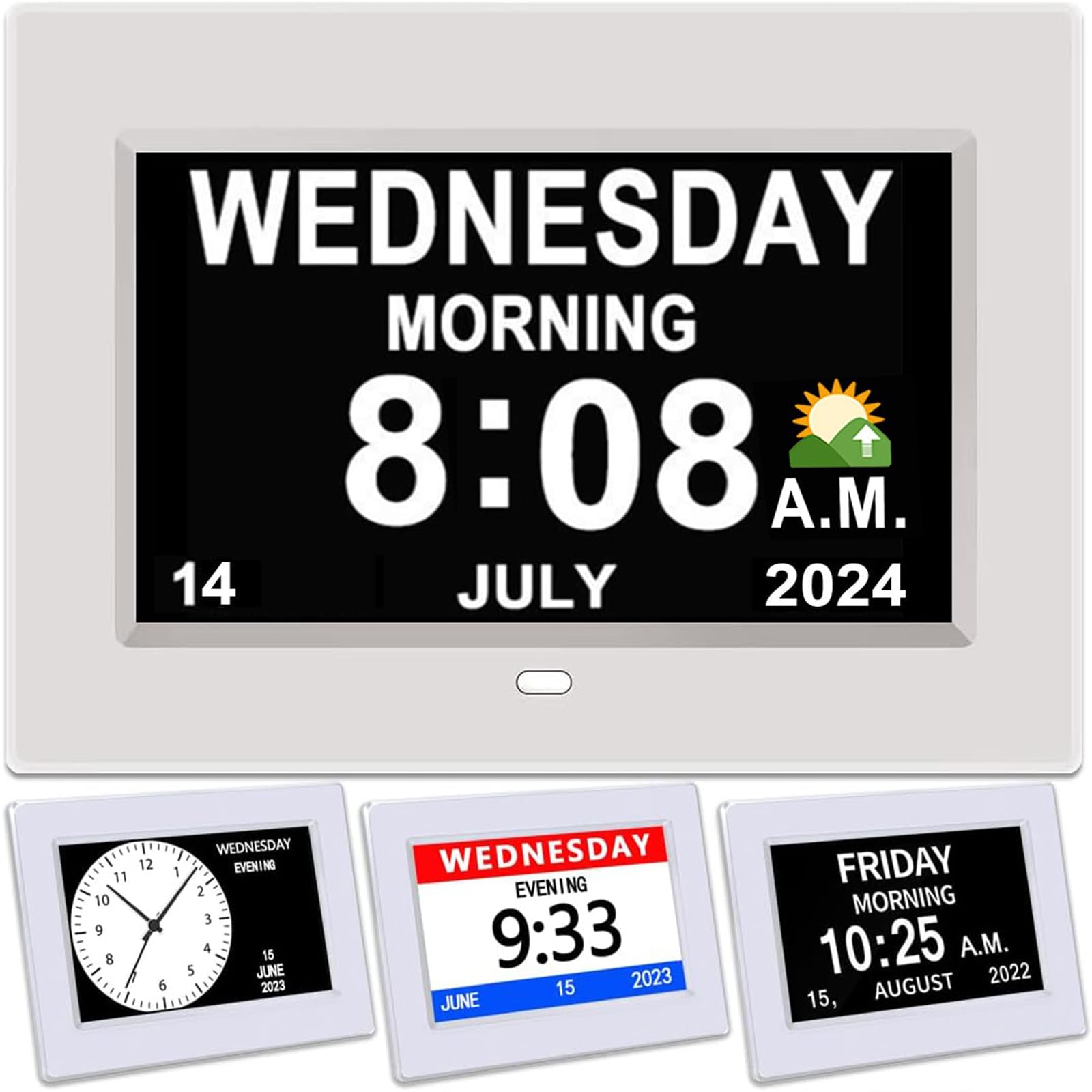 Yuanzeco Alarm Clock With Date & Calendar - 7" Digital Day Clock & Photo Frame - Auto Dimmable Display, 15 Alarm Options, Non-Abbreviated Day & Month (White)