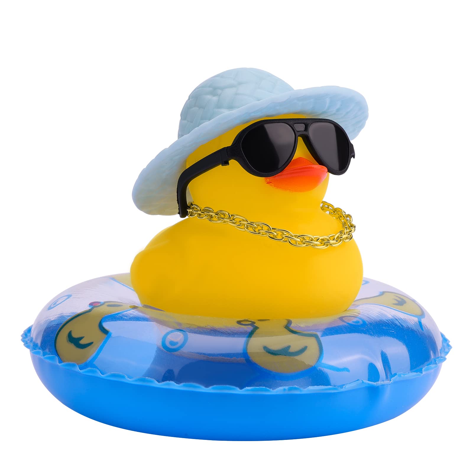 LUTER Car Duck Decoration Dashboard, Rubber Duck Car Decoration Little Yellow Duck Car Decoration for Car Dashboard Decoration Accessories with Gold Chain Straw Hat Sunglasses (Blue Swim Ring)