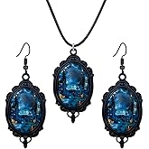 coadipress Gothic Castle Earrings Necklace Set for Women Vintage Cameo Glass Punk Style Victorian Earrings and Necklace Goth Raven Cabochon Mystic Witch Halloween Jewelry