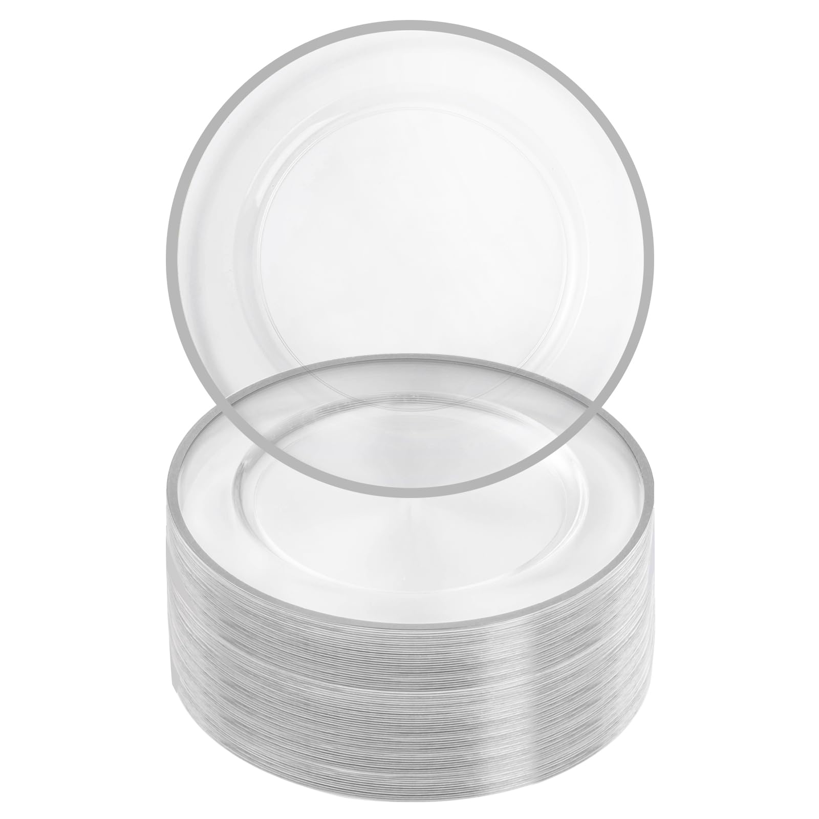 Photo 1 of Goodluck 12 Inch Silver Charger Plates, 100 Pack Clear Charger Plates, Disposable Charger Plates, Plastic Charger Plates for Dinner, Wedding, Party