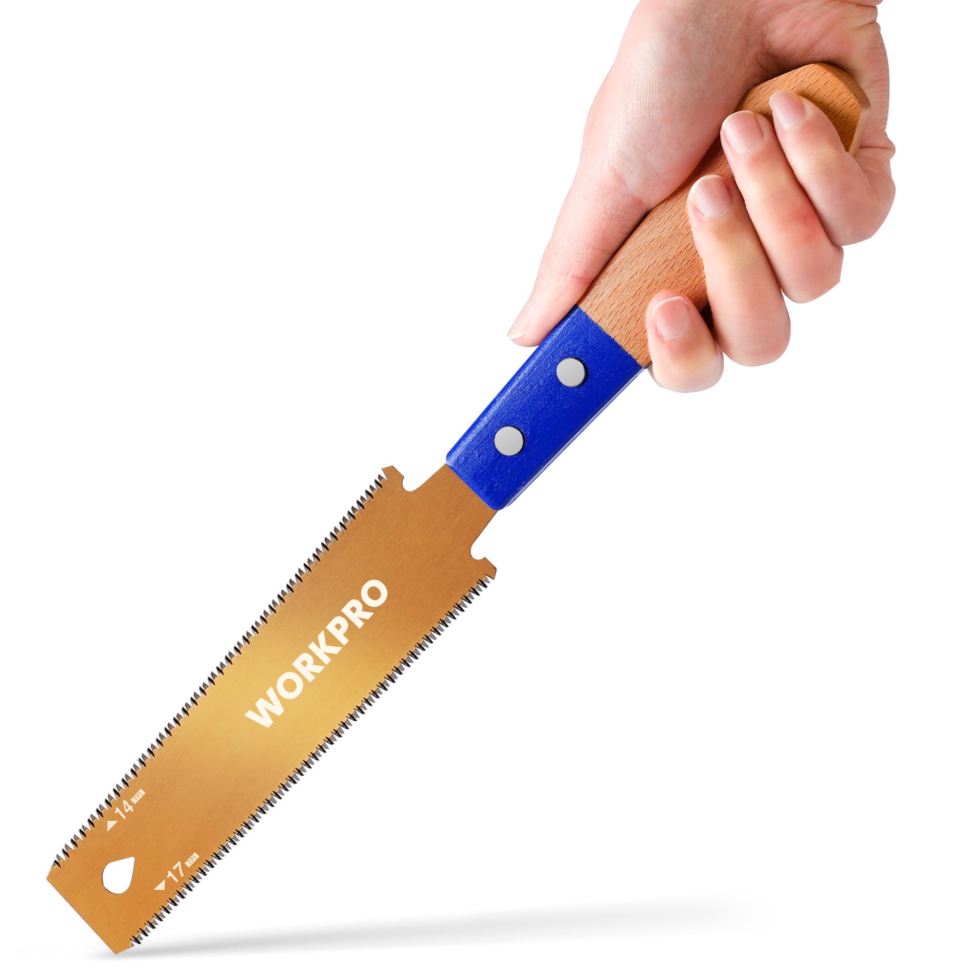 WORKPRO 150 mm Japanese Pull Saw, Compact Fine Tooth Saw with 14 and17 TPI, SK5 Flexible Blade Double-Edged Hand Saw for Craft, Hobby, DIY, Trim Pull Saw for Woodworking