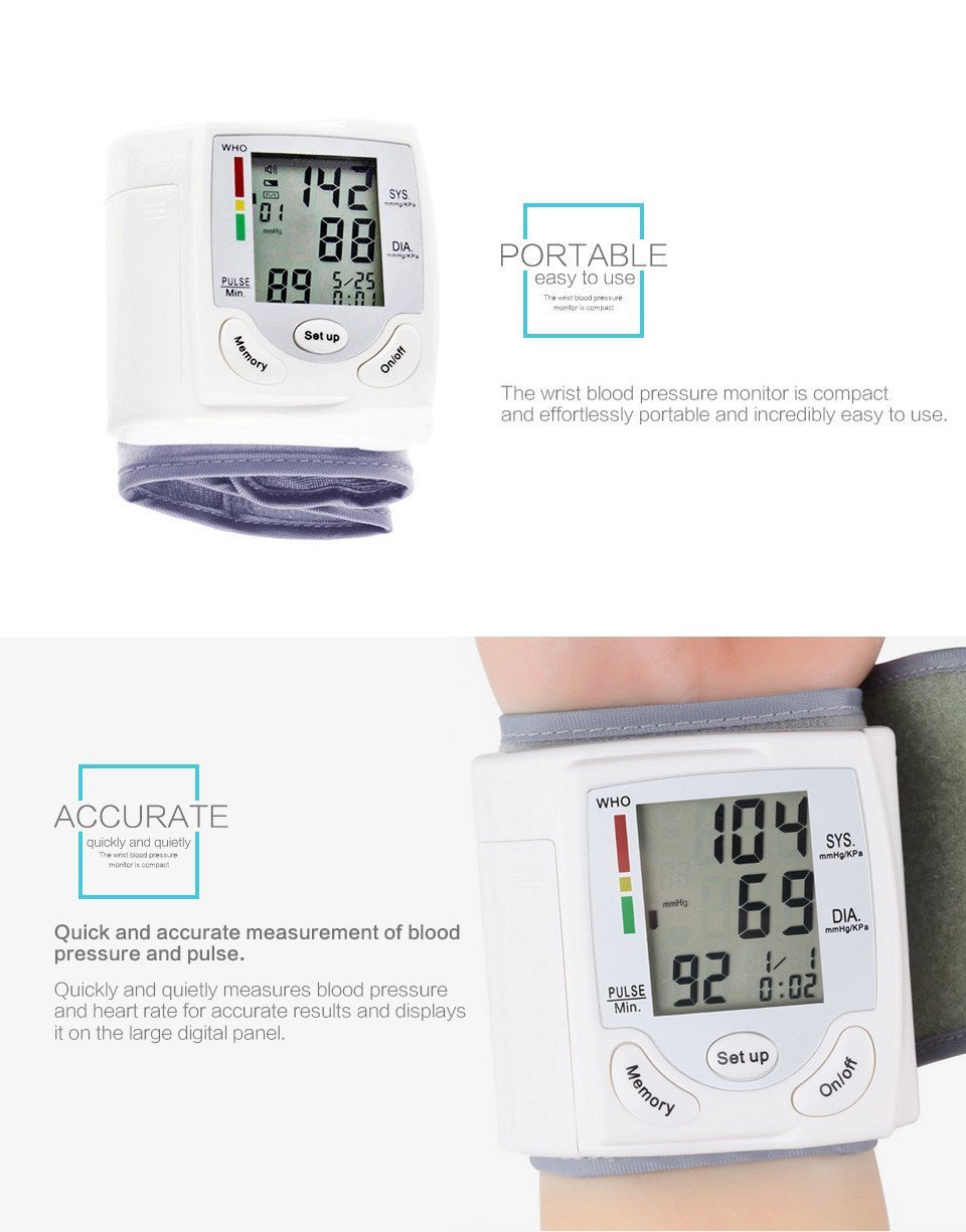 Blood Pressure Monitor Wrist Accurately Detects Blood Pressure Heart Rate & Irregular Heartbeat, Large LCD Display (CK-101S-White)