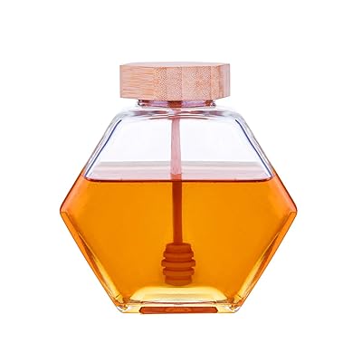 Honey Pot Glass Honey Jar with Wooden Dipper and Cork Lid Cover for Home Kitchen, Clear, 14 Ounces