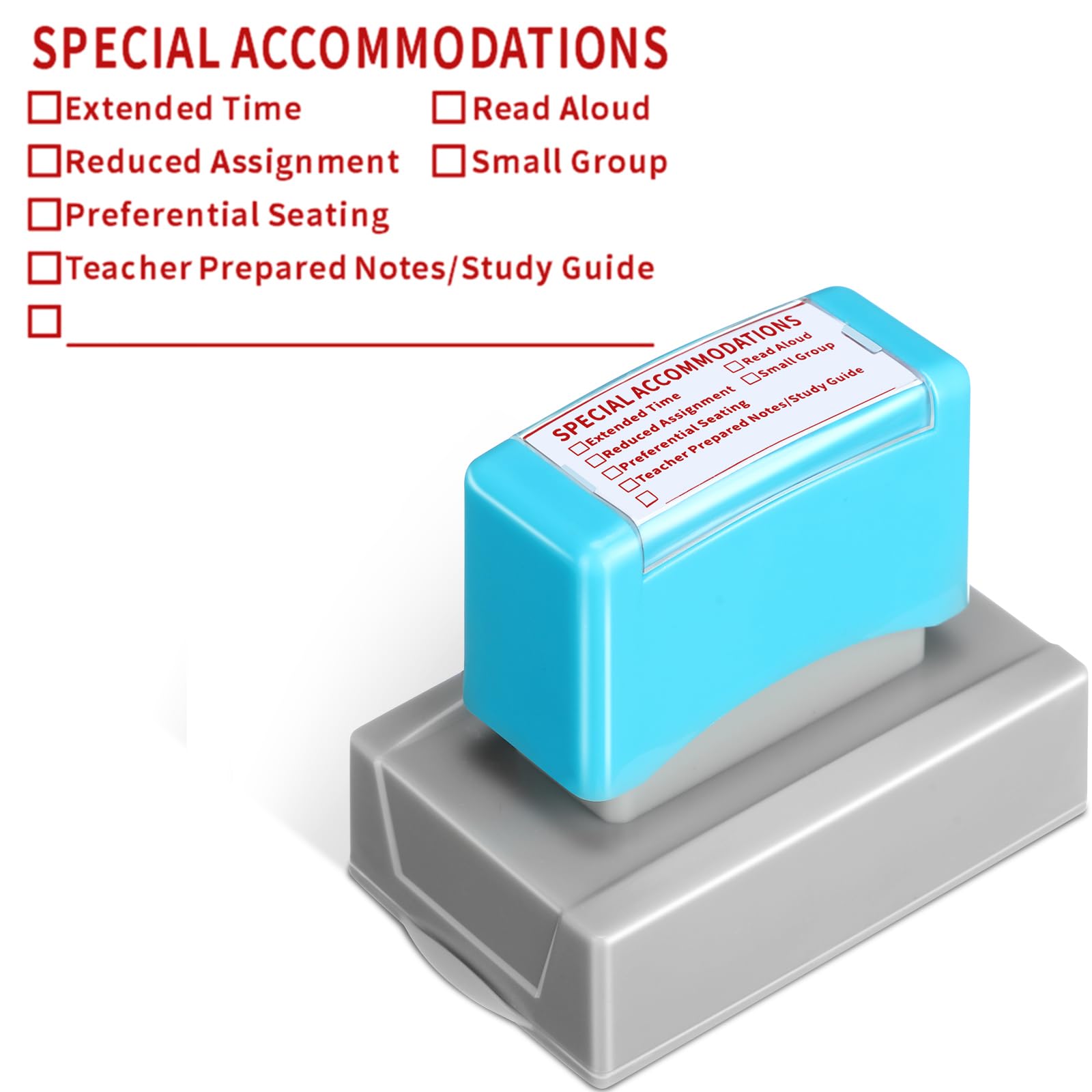 Photo 1 of Sayglossy 1 Pcs Special Accommodations Self Inking Stamp for Teachers SPED Modifications Rubber Stamp Back to School First Day of School Teacher Dormitory Supplies (Blue Case with Red Ink)