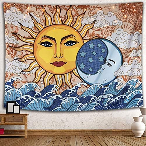 Lifeel Sun and Moon Tapestry Ocean Wave Cloud Psychedelic Mystic Tapestry Wall Hanging for Room (Orange, Large(60"×80"))