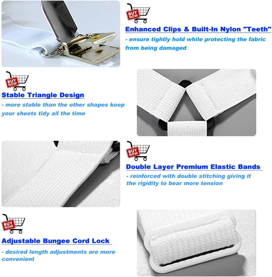 Bed Sheet Fasteners Bed Sheet Holder Straps Triangle Bed Sheet Keepers Adjustable Elastic Bed Sheet Holders Mattress Cover Holder Fasteners and Suspenders with Heavy Duty Grippers Clips, 4Pcs (White): Home & Kitchen