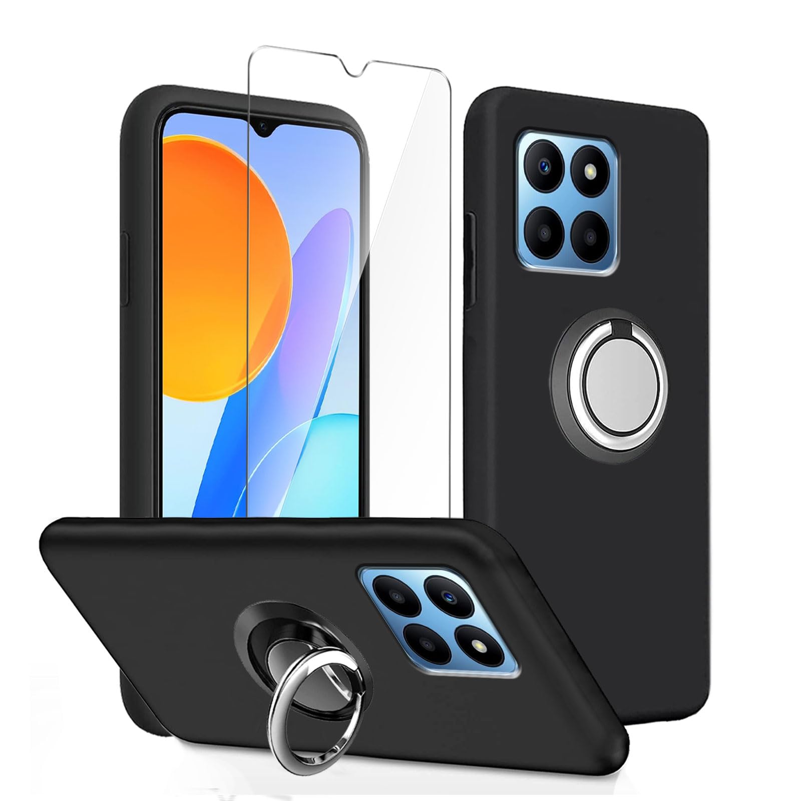 LYZXMY Case Compatible with Honor 70 Lite (6.5") Black Cover + Rotating Bracket + Tempered Film Glass Screen Protector - Silicone Soft TPU Cover Shell