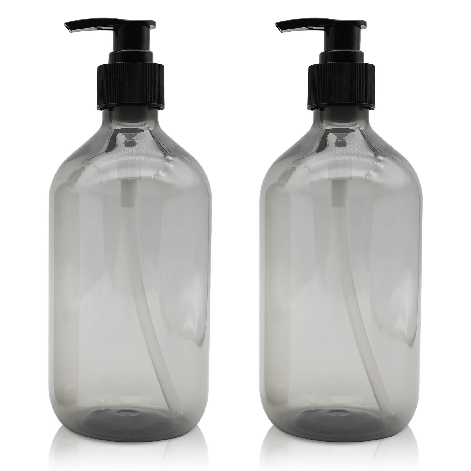 2 Pcs Empty Press Pump Bottles, 500ML/17oz Refillable Bottle for Cooking Sauces, Plastic Liquid Soap Dispenser Refillable Container for Essential Oils, Lotions, Shampoo, Conditioner (Grey)