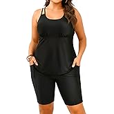 Plus Size Tankini Swimsuits - Athletic Two Piece Bathing Suits with Short for Women Swimwear with Pockets