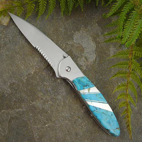 Santa Fe Stoneworks Kershaw Leek American-Made Folding Pocket Knife with Artisan-Crafted Natural Turquoise Stone Handle - Thumbnail 3
