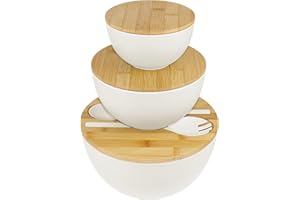 Salad Bowls Set of 3 with Lid & Serving Utensils, Bamboo Fiber Mixing Bowls Set Large Serving Bowls & Storage Set with Bamboo