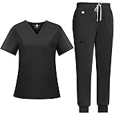 UnionMed Tech Scrubs for Women Set Medical Uniform - Stretch Slim Fit V-Neck Scrub Top & Jogger Pant with 9 Pockets