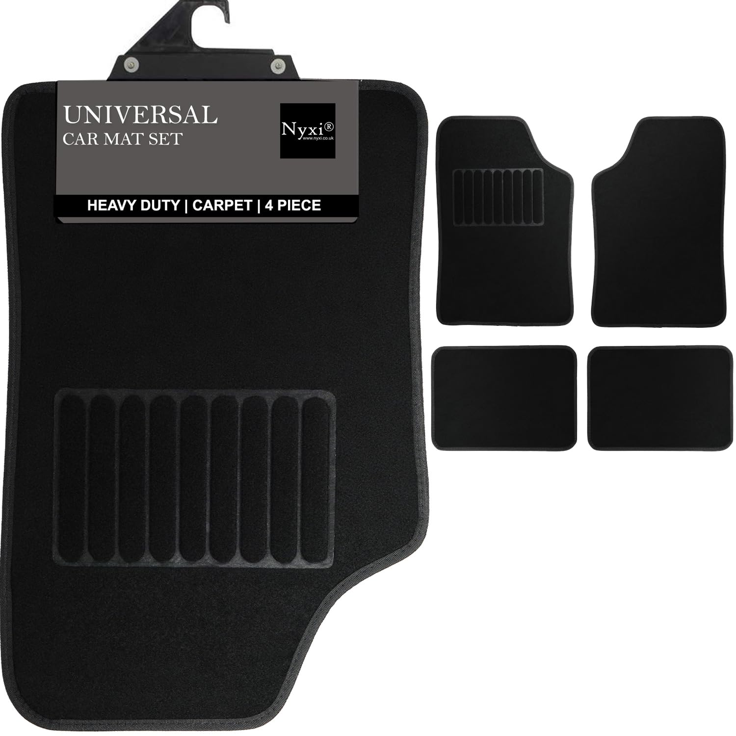 Nyxi 4 Piece Universal Carpet Floor Mat (Front + Rear) Velour Non-Slip for Cars SUV Truck and VAN Black Carpet Ray