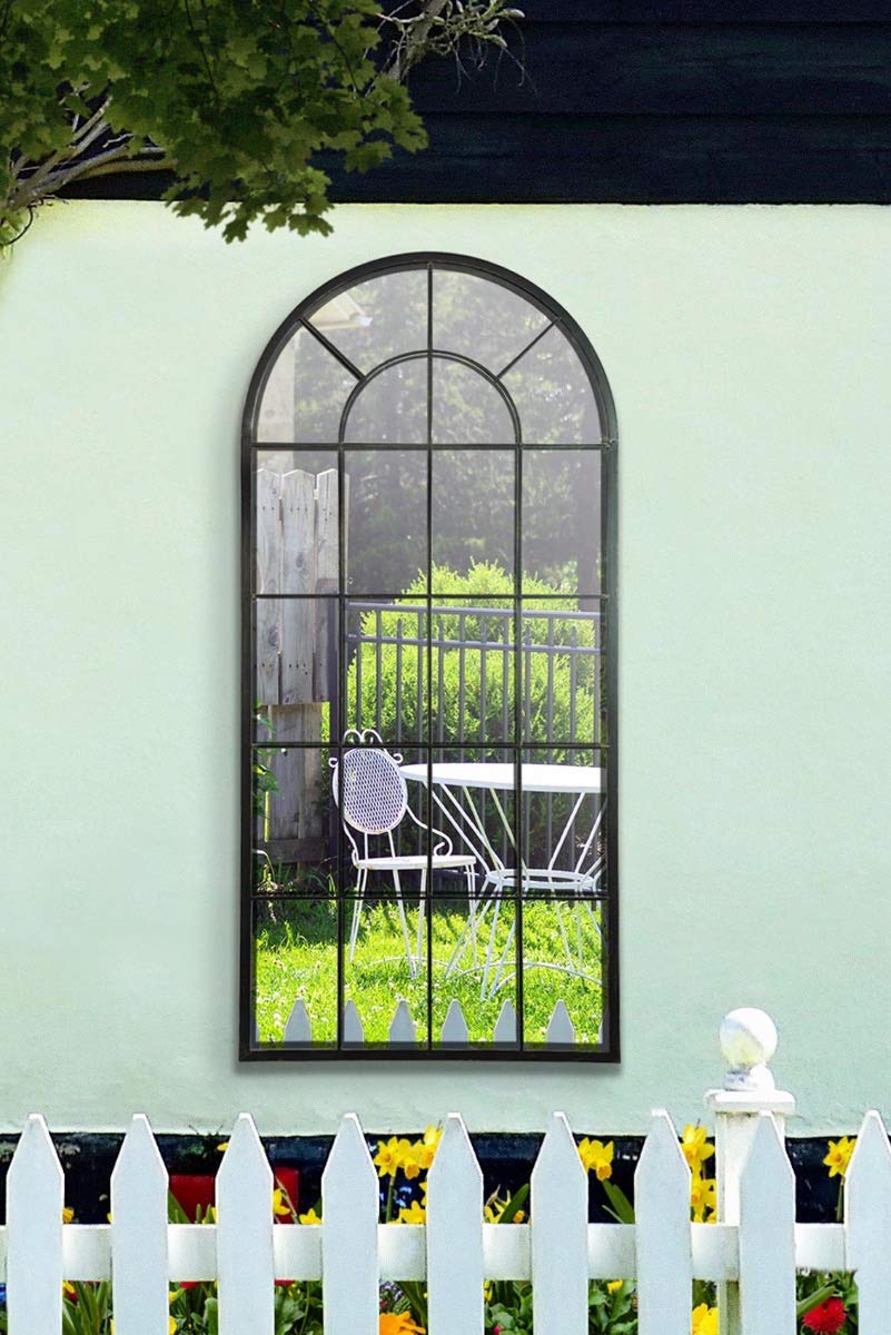 MirrorOutlet Large New Black Multi Panelled Arched Window Garden Outdoor Mirror 4ft7 x 2ft2,140 x 65 cm