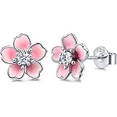 Pink Flower Earrings for Women, 925 Sterling Silver Stud Earrings, Cute Plumeria Earrings For Women, Cherry Blossom Hypoallergenic Stud