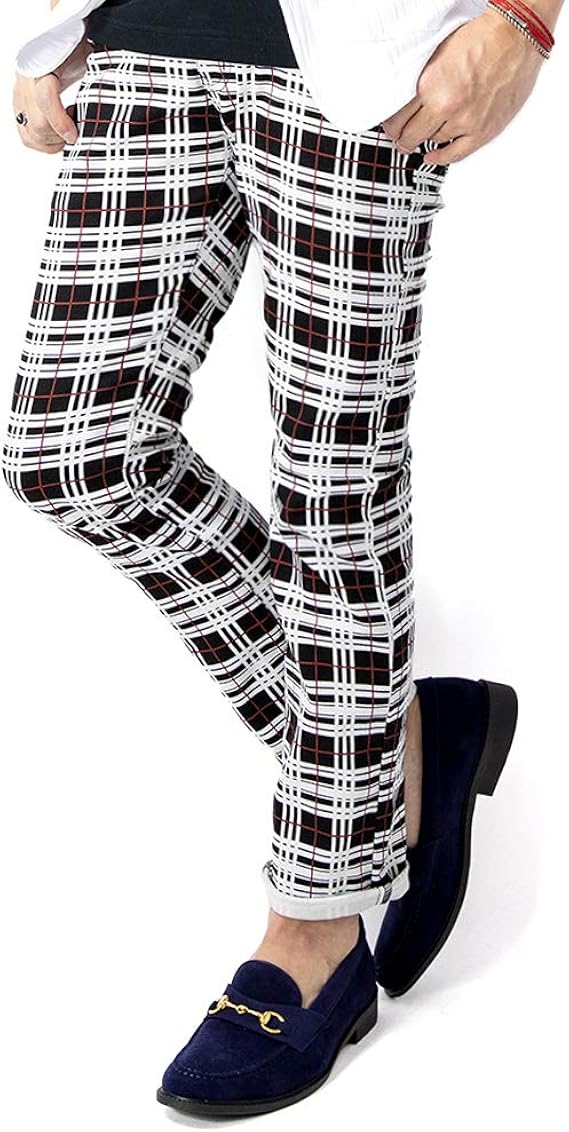 Amazon ジェネレス スキニーパンツ ストレッチ グレンチェック タータンチェック チノパン メンズ ロングパンツ 通販