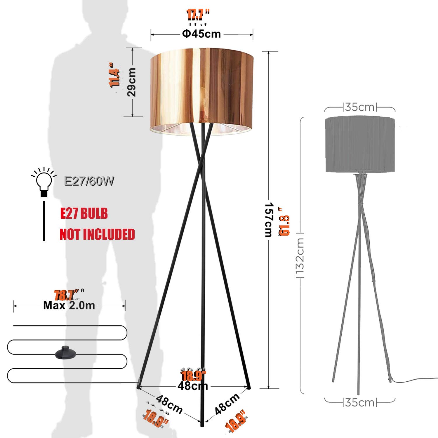 Floor lamp-Modern tripod floor Lamp with E27 Socket,Noble Stylish Floor Lamp in Black Copper, Ø 45 cm Lampshade and Max. 60W,157 cm Floor Lamp,Metal,for Living Room,Bedroom,Office