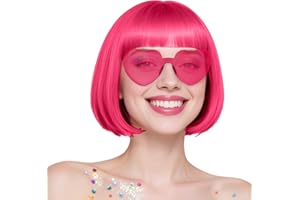 MEEZY Hot Pink Short Bob Wigs Straight Hair with Flat Bangs Heart Shape Sunglasses for Women, Colorful Funny Cosplay Daily Party Neon Wig Synthetic Natural As Real Hair Carnival Halloween Costume