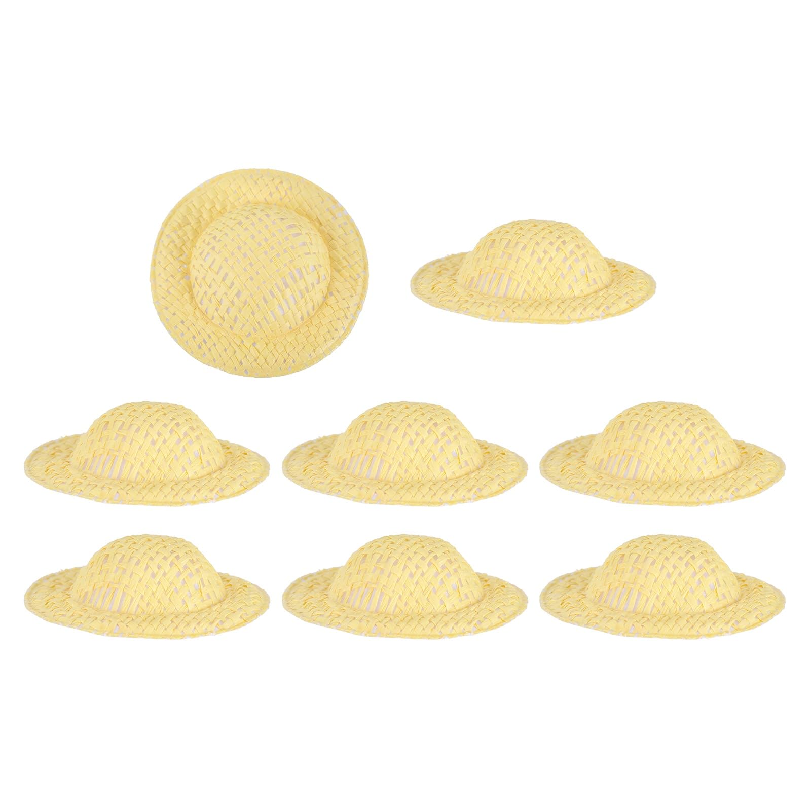 PATIKIL 8 Pcs Mini Straw Hats, 2 x 0.5 Inch Craft Doll Hats Miniature Ornaments Woven Caps for DIY Dollhouse Decoration Hair Accessories Snowman Weddings Party, Bright Yellow