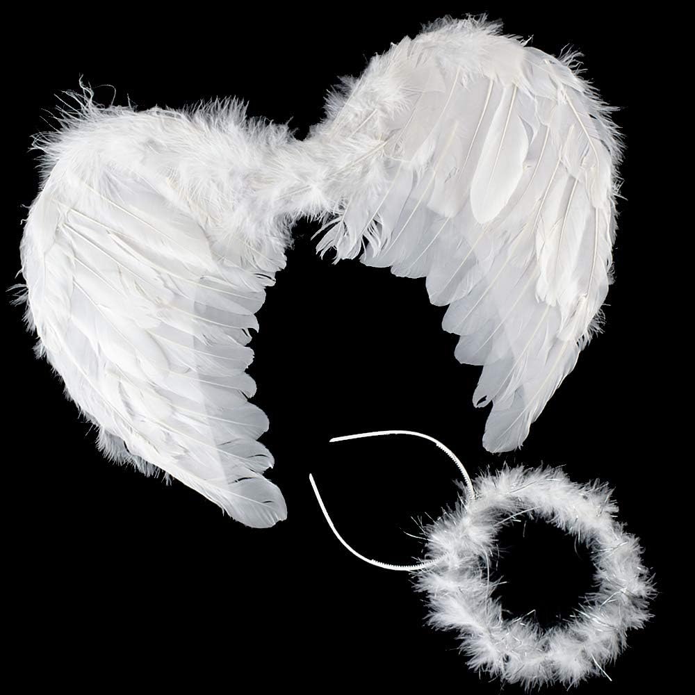 CHICHIC Feather Angel Wings and Halo Headband Halloween Party Costumes for Cosplay White Butterfly Style Costume Angel Wings