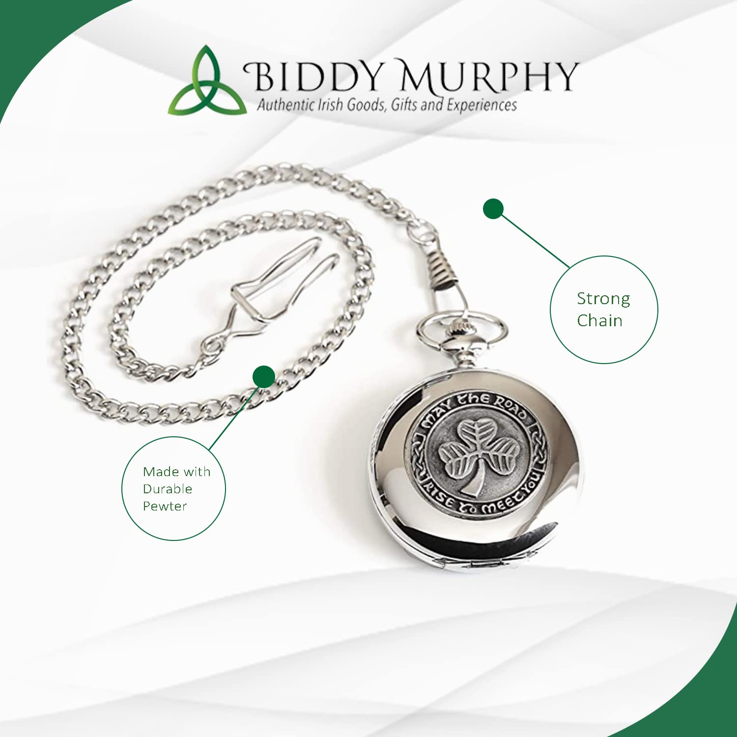 Biddy Murphy Shamrock Pocket Watch Made in Ireland Shamrock Pewter Medallion Stainless Steel Case with Chain, Made in Ireland