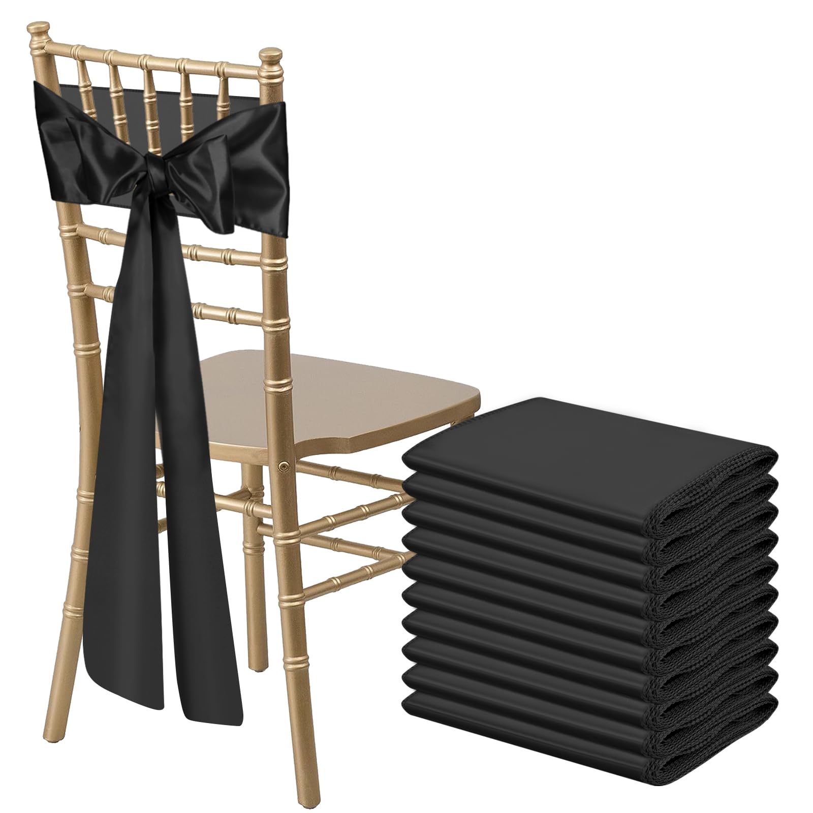 Photo 1 of Bouiexye 10 PCS Black Satin Chair Sashes Bows Universal Chair Ribbon Ties Back Sash for Wedding Party Reception Events Banquets Hotel Event Chair Cover Decoration (Champagne 7x108 inch)